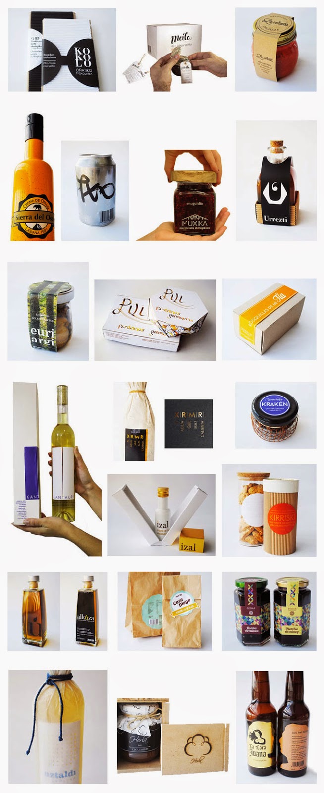 De izquierda a derecha y de arriba abajo: Kokolo. Chocolate de Oñate (Gipuzkoa): © Agirre Vicuña_Ane Meila. Miel de la Sierra de Neila (Burgos): © De la Calera Gil_Sergio La Vereda. Mermeladas especiales (Bizkaia): © Mediavilla Martín_Nuria Sierra del Oso. Orujo de Liébana (Santander): © Aranda de Miguel_Cristina Kalibotxo. Calimocho (Bizkaia): © Citores Álvarez_Lorea Muxika. Mermelada de Urretxu (Gipuzkoa): © Lasa Muxika_Aizpea Urrezti. Miel de Urretxu (Gipuzkoa): © Cerezo Sanz_Ibane Euri argi. Hongos de Aralar (Navarra): © Lekuona Izagirre_Loinaz Pili. Fardalejos de Arnedo (La Rioja): © Ezquerro Martínez-Losa_Marta Rosquillas de mi Tía. (Extremadura): © Zamakona González_Ane Kantauri. Txakoli de Orio (Gipuzkoa): © Pascual Galdaera_Leire Xirimiri. Cava de Bilbao (Bizkaia): © Unibaso Aranguren_Ainhize Zumaiako Kraken. Pulpo de Zumaia (Gipuzkoa): © Agirrezabalaga Valverde_Izar Izal. Aceite de Oliva Virgen. Estella (Navarra): © Ursua Ajona_Beatriz Kirriski. Tostones de Bergara (Gipuzkoa): © Martin Sagastume_June Alcúza. Aceite de Oliva Vírgen (Granada): © Vallejo Márquez_Leire CasaDiego. Perrunillas de Béjar (Salamanca): © Aliseda Ibarretxe_Arrate Ekoar. Mermelada de arándanos (Polonia): © Trawinska_Zuzanna Roza Uztaldi. Txakoli (Bizkaia): © Sánchez de la Hera_Dacil Herla. Mermelada (Finlandia): © Lafuente Lamarca_David La Loca Juana. Cerveza artesanal (Valladolid): © Miguel Pico_Sara